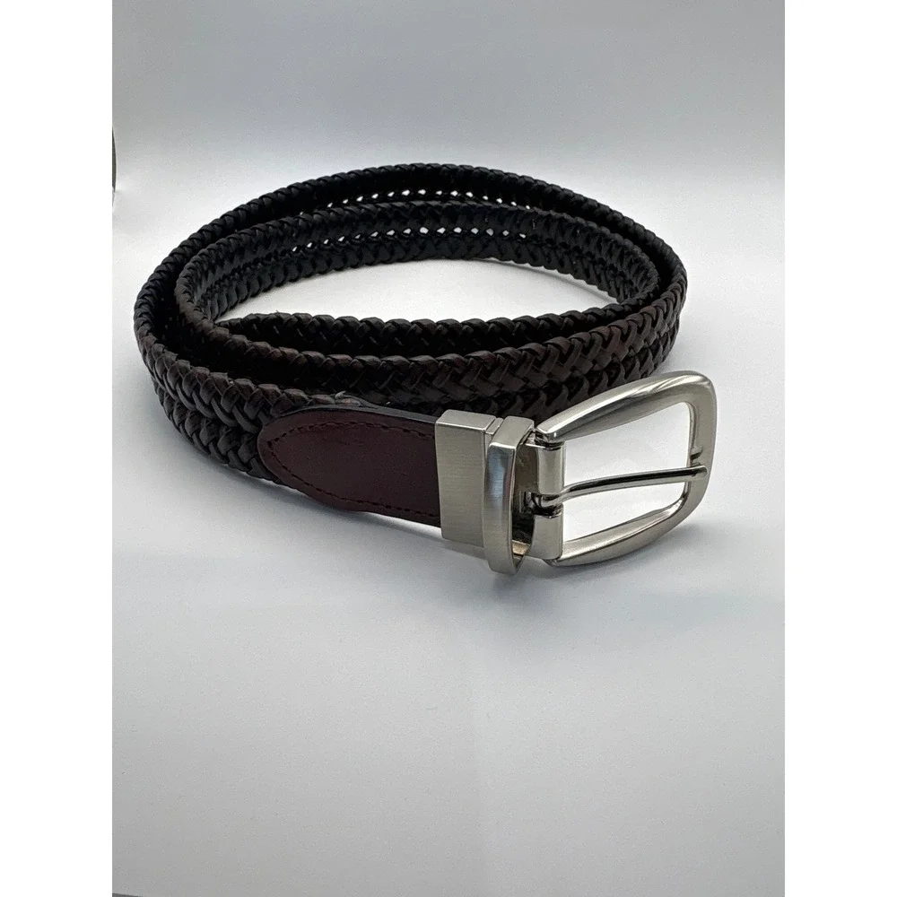 Men's Brown Braided Leather Belt Size 44 Woven Classic Silver Buckle 44/110